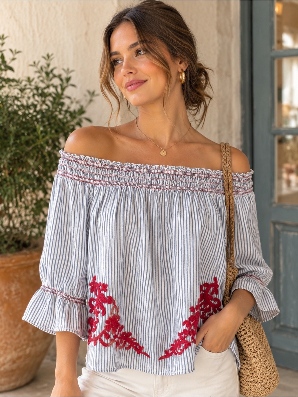 Westport Blue & White Striped Off-Shoulder Top with Red Floral Embroidery